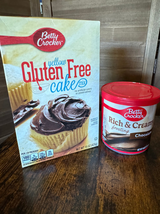 Betty Crocker Gluten Free Yellow Cake Mix & chocolate rich and creamy frosting
